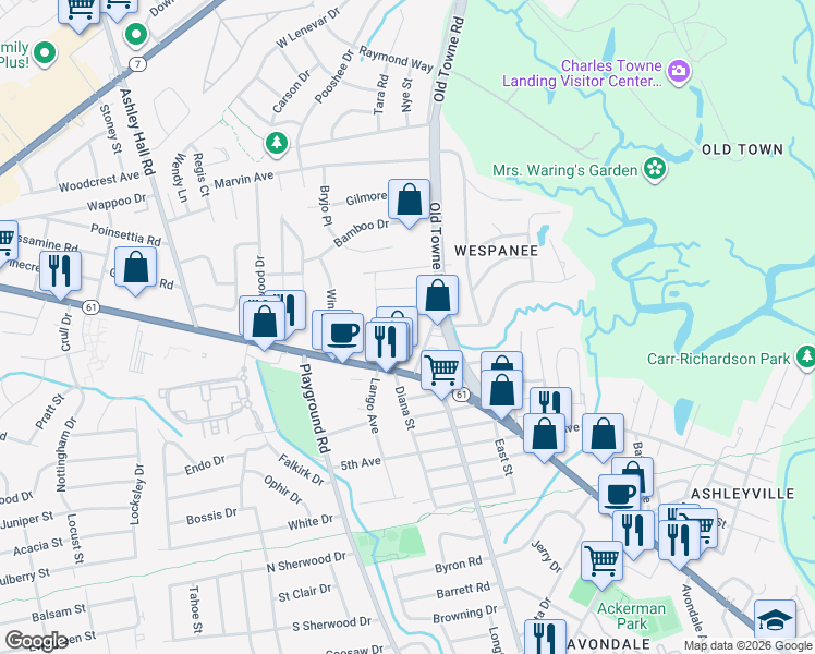 map of restaurants, bars, coffee shops, grocery stores, and more near 1840 Carriage Lane in Charleston