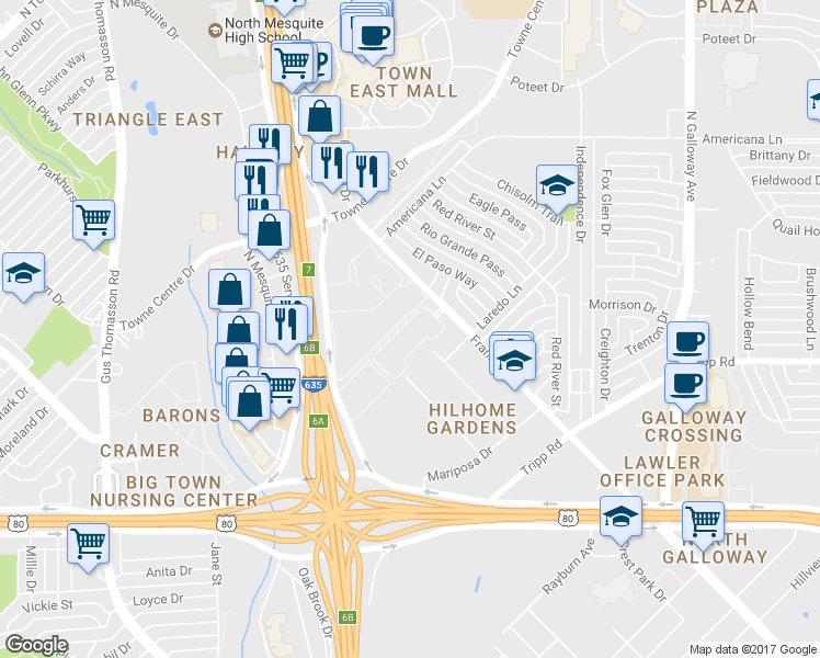 map of restaurants, bars, coffee shops, grocery stores, and more near 2673 Franklin Drive in Mesquite