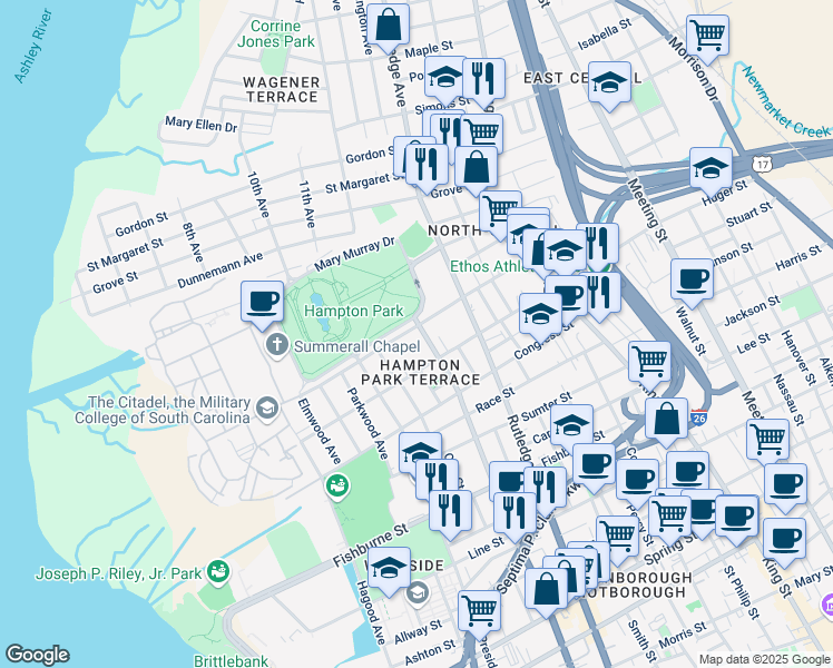 map of restaurants, bars, coffee shops, grocery stores, and more near 81 Moultrie Street in Charleston