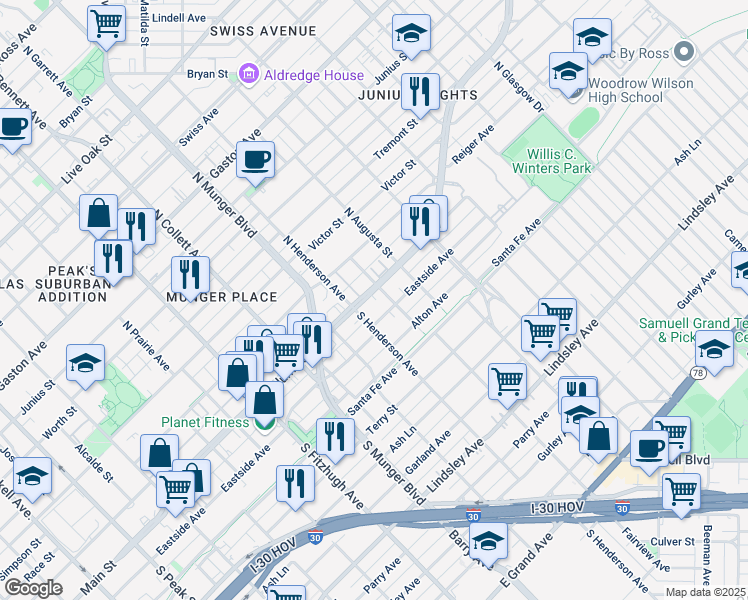 map of restaurants, bars, coffee shops, grocery stores, and more near 5314 Columbia Avenue in Dallas