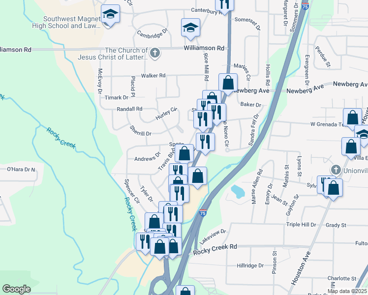 map of restaurants, bars, coffee shops, grocery stores, and more near 3714 Spencer Circle in Macon
