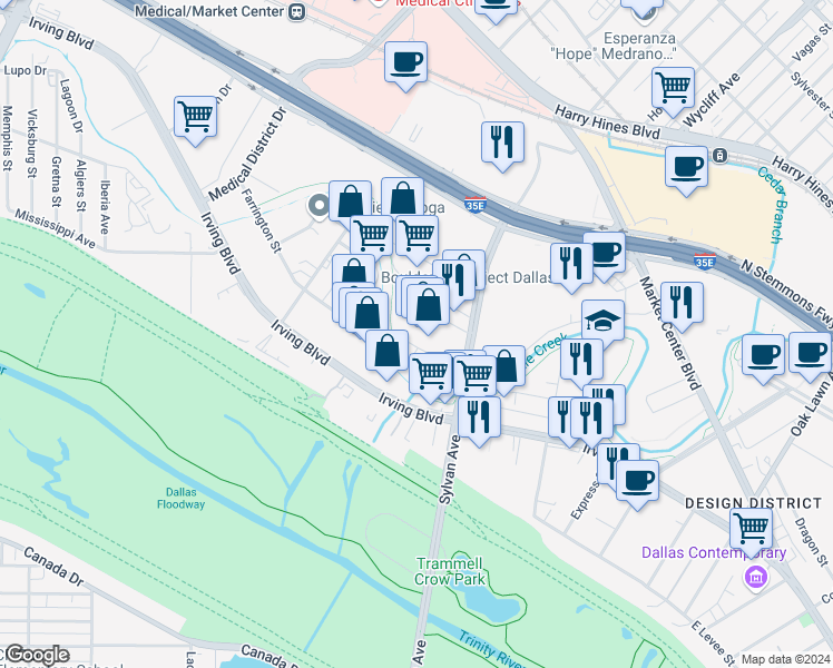map of restaurants, bars, coffee shops, grocery stores, and more near 2266 Monitor Street in Dallas