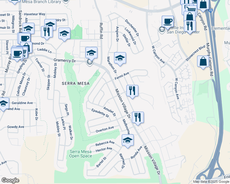 map of restaurants, bars, coffee shops, grocery stores, and more near 3026 Mission Village Drive in San Diego