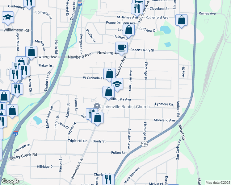 map of restaurants, bars, coffee shops, grocery stores, and more near 3660 Houston Avenue in Macon