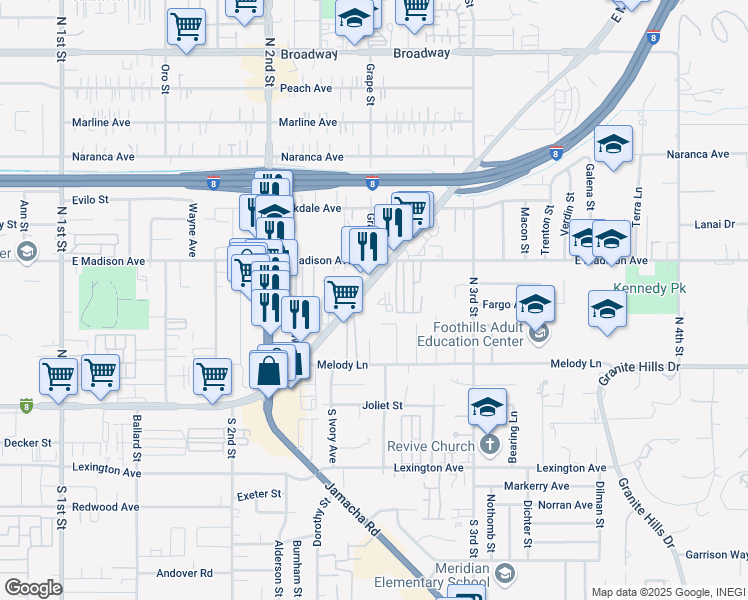 map of restaurants, bars, coffee shops, grocery stores, and more near 1385 Main in El Cajon