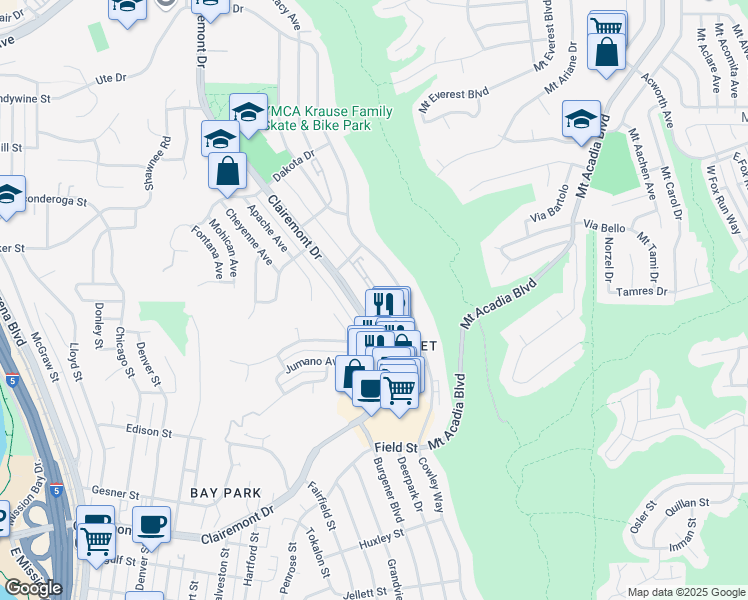 map of restaurants, bars, coffee shops, grocery stores, and more near 3135 Clairemont Drive in San Diego