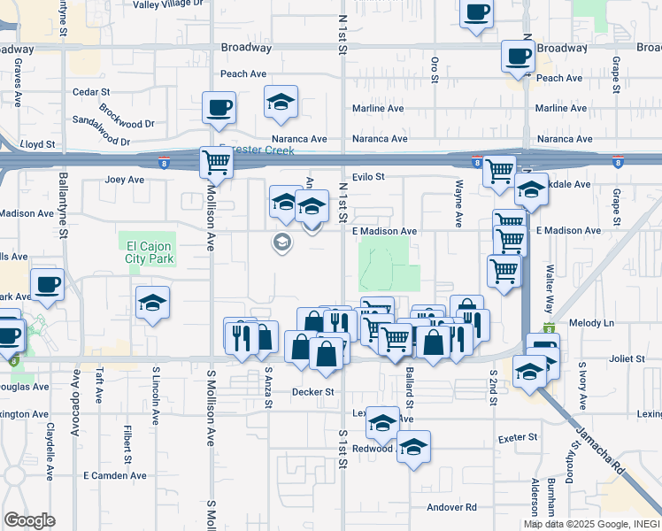 map of restaurants, bars, coffee shops, grocery stores, and more near 359 North 1st Street in El Cajon