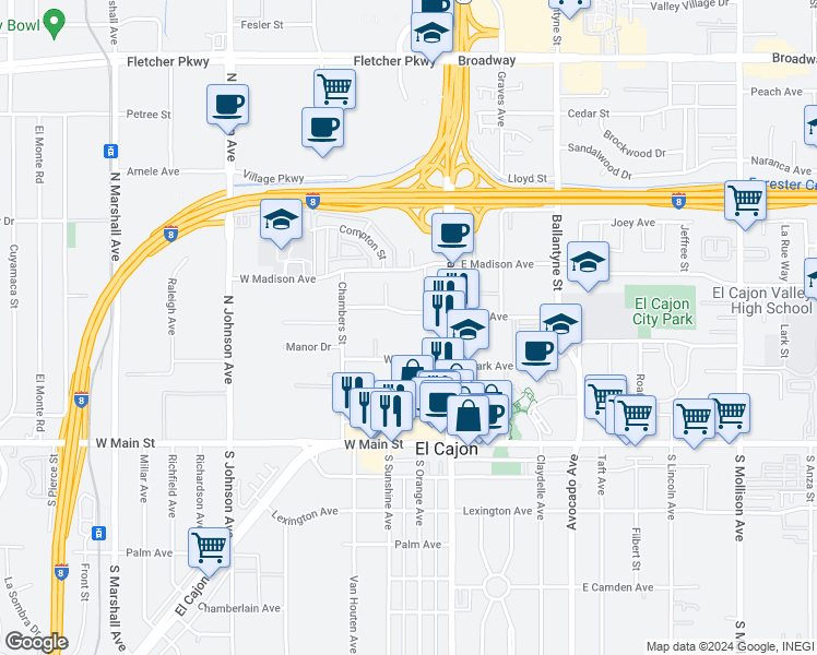 map of restaurants, bars, coffee shops, grocery stores, and more near 241 Wisconsin Avenue in El Cajon