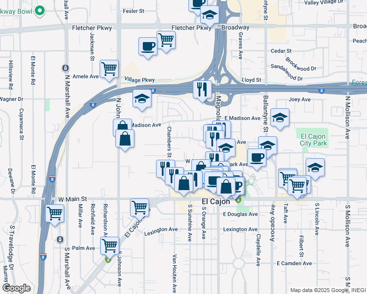 map of restaurants, bars, coffee shops, grocery stores, and more near 333 Wisconsin Avenue in El Cajon