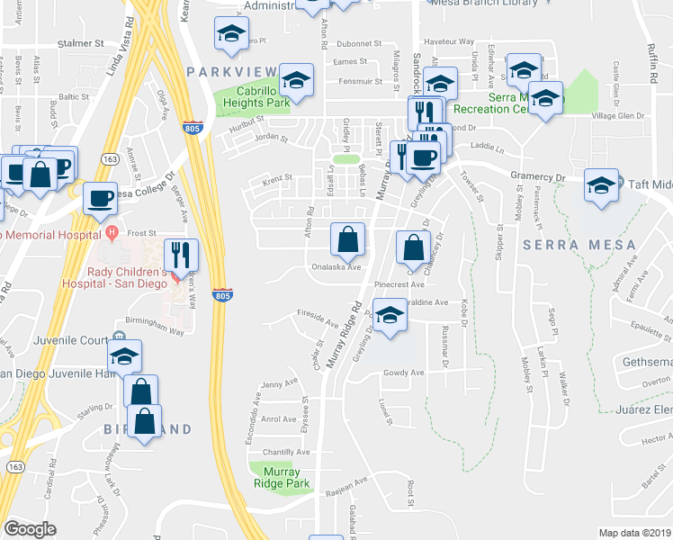 map of restaurants, bars, coffee shops, grocery stores, and more near 8562 Onalaska Avenue in San Diego