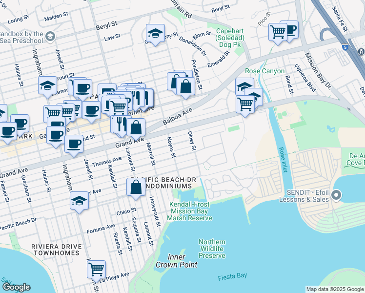 map of restaurants, bars, coffee shops, grocery stores, and more near 2157 Thomas Avenue in San Diego