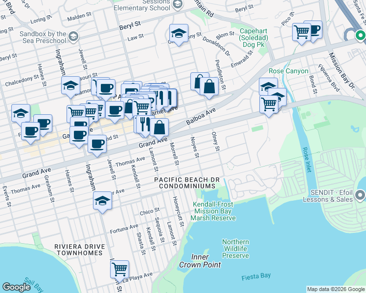 map of restaurants, bars, coffee shops, grocery stores, and more near in San Diego