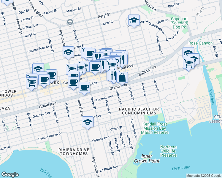 map of restaurants, bars, coffee shops, grocery stores, and more near 1854 Grand Avenue in San Diego