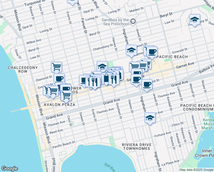 map of restaurants, bars, coffee shops, grocery stores, and more near 1339 Garnet Avenue in San Diego