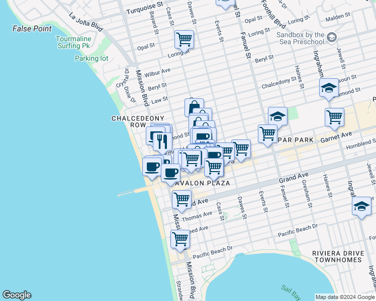 map of restaurants, bars, coffee shops, grocery stores, and more near 930 Emerald Street in San Diego