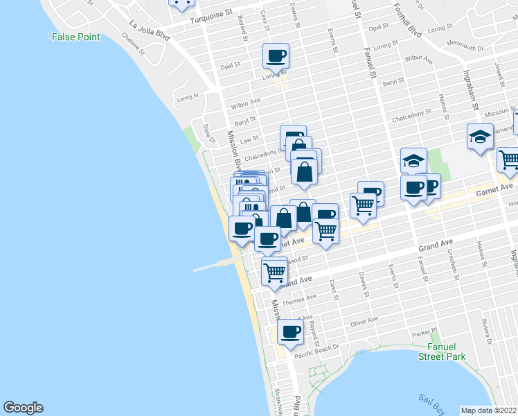 map of restaurants, bars, coffee shops, grocery stores, and more near 856 Emerald Street in San Diego