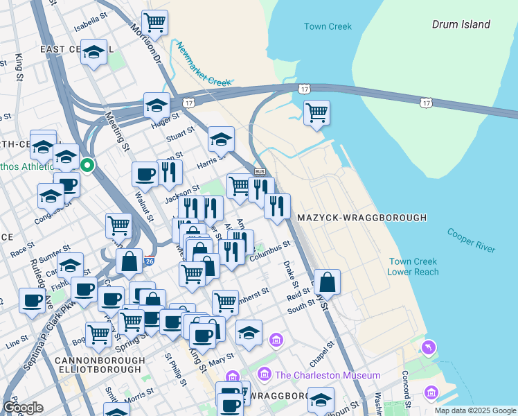 map of restaurants, bars, coffee shops, grocery stores, and more near 33 Cooper Street in Charleston