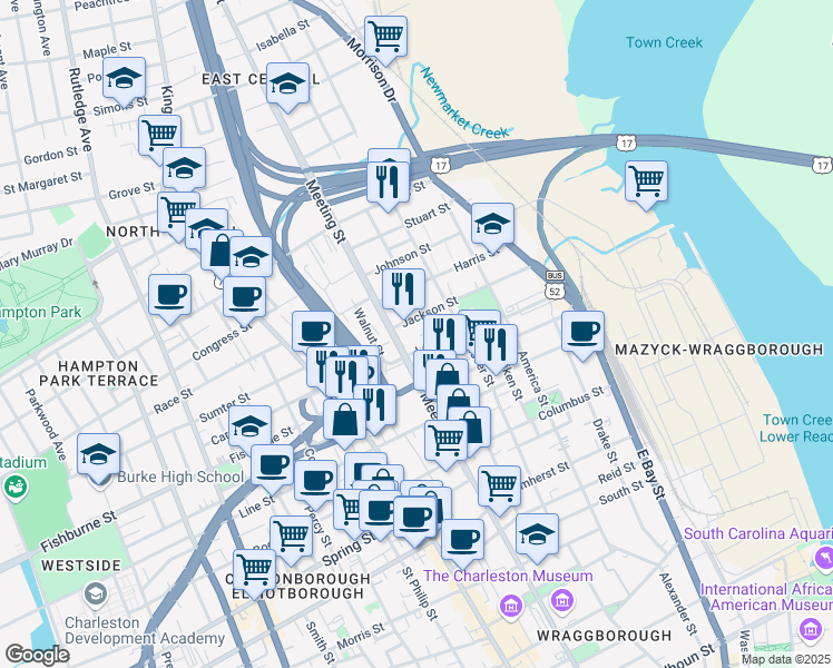 map of restaurants, bars, coffee shops, grocery stores, and more near 201 Nassau Street in Charleston