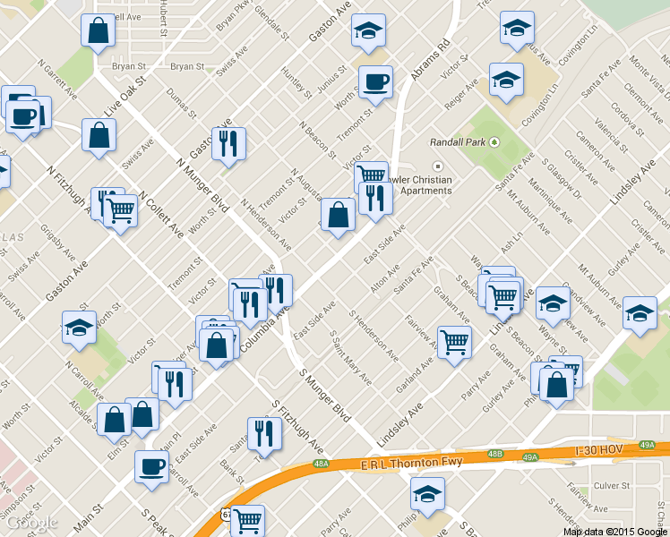 map of restaurants, bars, coffee shops, grocery stores, and more near 5314 Columbia Avenue in Dallas