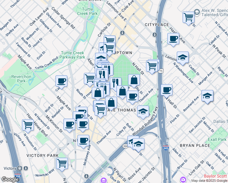 map of restaurants, bars, coffee shops, grocery stores, and more near 2610 Allen Street in Dallas