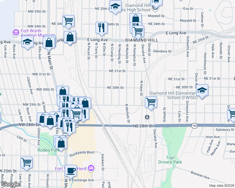 map of restaurants, bars, coffee shops, grocery stores, and more near 3020 North Crump Street in Fort Worth