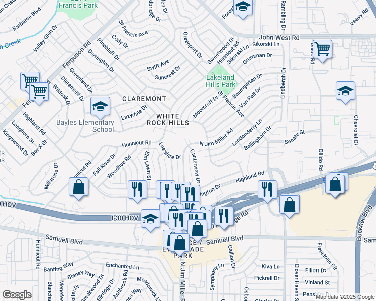 map of restaurants, bars, coffee shops, grocery stores, and more near 6020 North Jim Miller Road in Dallas