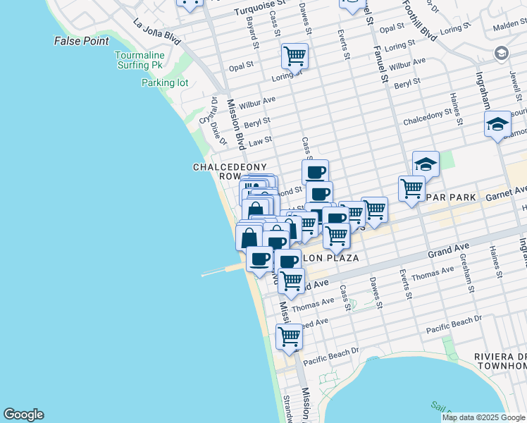 map of restaurants, bars, coffee shops, grocery stores, and more near 4682 Mission Boulevard in San Diego