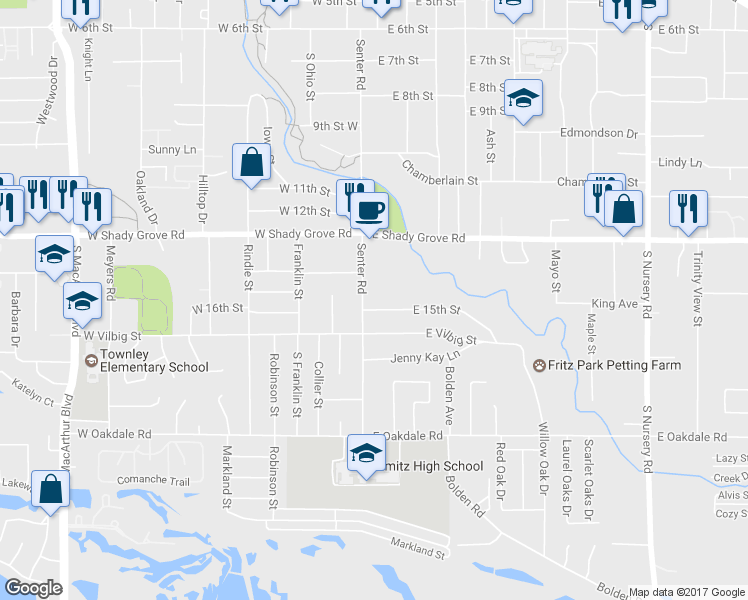 map of restaurants, bars, coffee shops, grocery stores, and more near 109 East 15th Street in Irving