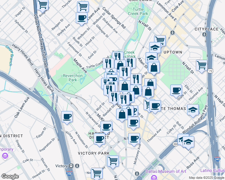 map of restaurants, bars, coffee shops, grocery stores, and more near 3005 Fairmount Street in Dallas