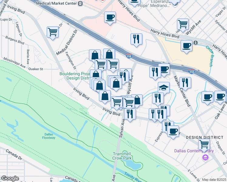 map of restaurants, bars, coffee shops, grocery stores, and more near 2266 Monitor Street in Dallas