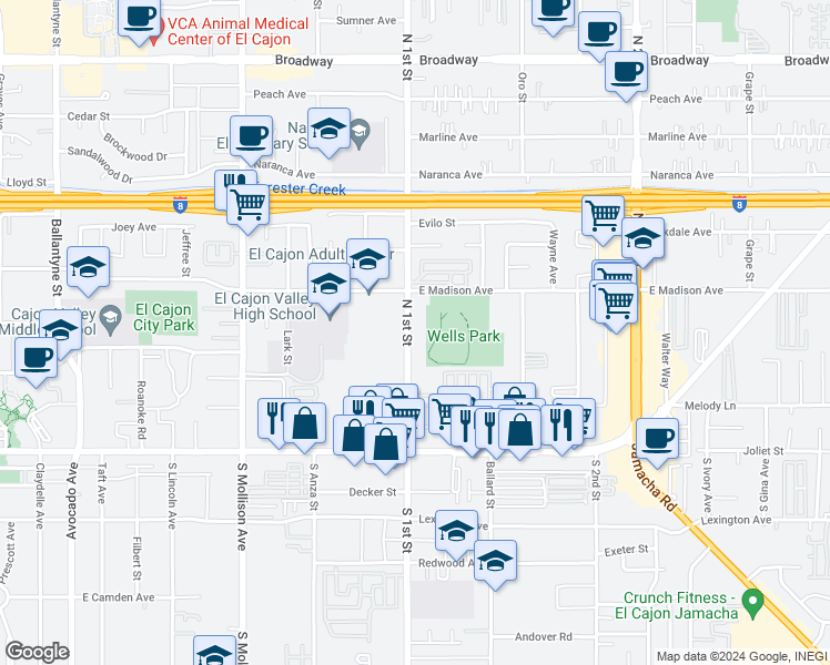 map of restaurants, bars, coffee shops, grocery stores, and more near 359 North 1st Street in El Cajon
