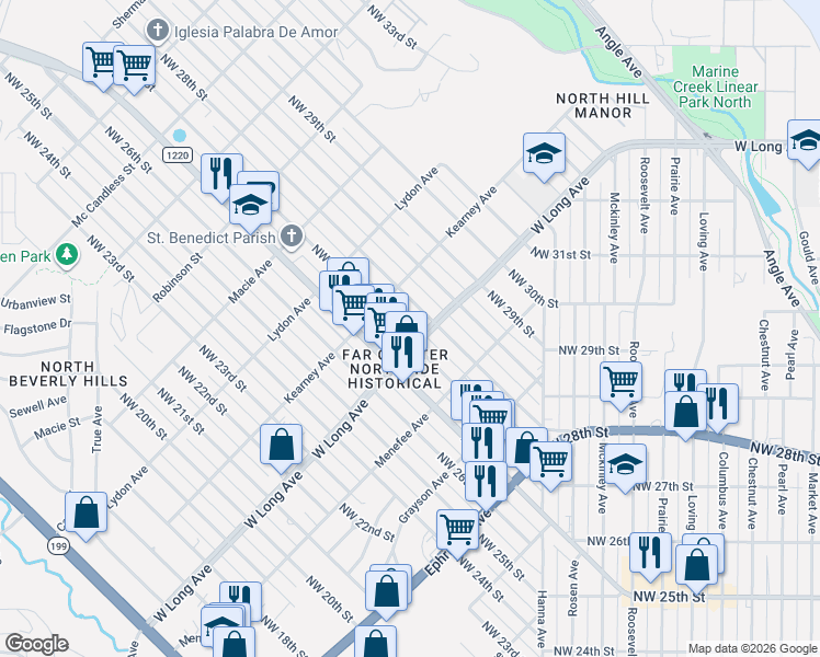 map of restaurants, bars, coffee shops, grocery stores, and more near 2706 Northwest 27th Street in Fort Worth