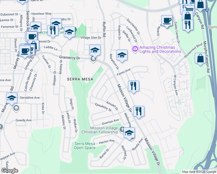 map of restaurants, bars, coffee shops, grocery stores, and more near 3057 Melbourne Drive in San Diego