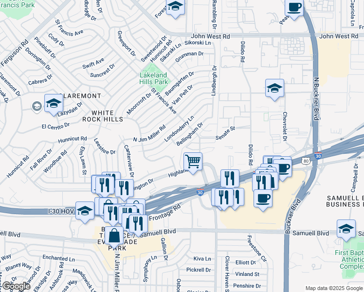 map of restaurants, bars, coffee shops, grocery stores, and more near 8434 Bellingham Drive in Dallas