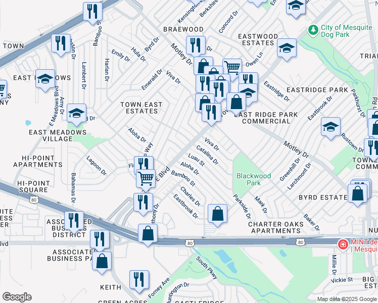 map of restaurants, bars, coffee shops, grocery stores, and more near 2330 Luau Street in Mesquite