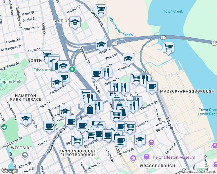 map of restaurants, bars, coffee shops, grocery stores, and more near 201 Nassau Street in Charleston