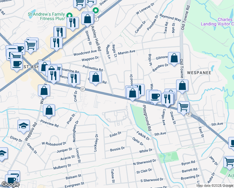map of restaurants, bars, coffee shops, grocery stores, and more near 1426 Ashley River Road in Charleston