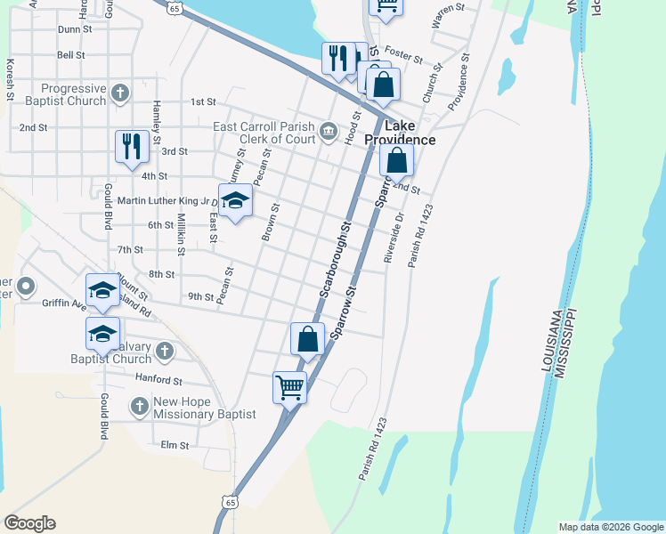 map of restaurants, bars, coffee shops, grocery stores, and more near Scarborough Street in Lake Providence