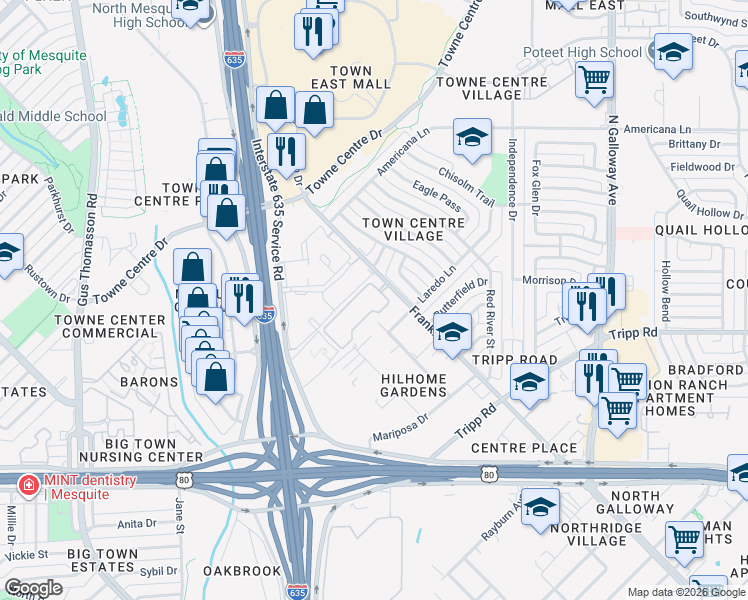 map of restaurants, bars, coffee shops, grocery stores, and more near 2605 Franklin Drive in Mesquite