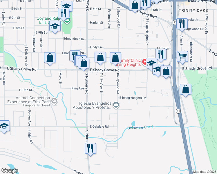 map of restaurants, bars, coffee shops, grocery stores, and more near 1224 East 15th Street in Irving