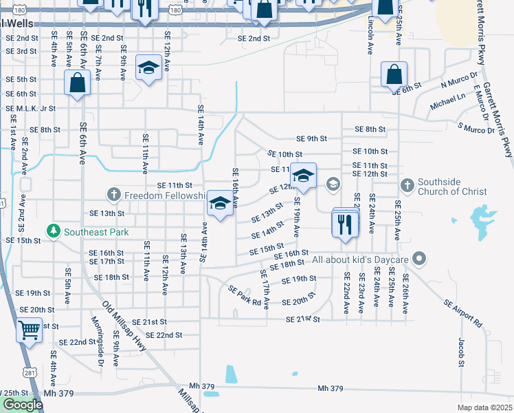 map of restaurants, bars, coffee shops, grocery stores, and more near 1803 Southeast 12th Street in Mineral Wells
