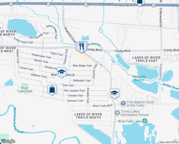 map of restaurants, bars, coffee shops, grocery stores, and more near 9088 Brushy Creek Trail in Fort Worth