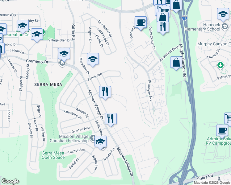 map of restaurants, bars, coffee shops, grocery stores, and more near 9422 Seltzer Court in San Diego
