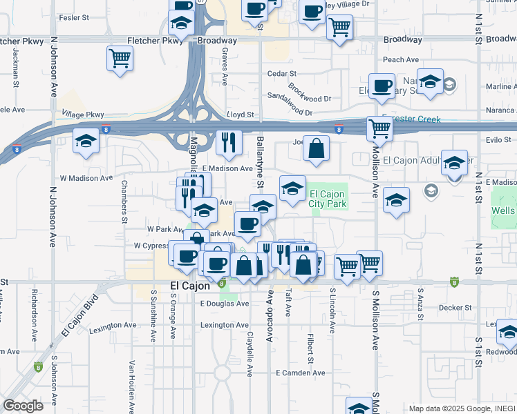 map of restaurants, bars, coffee shops, grocery stores, and more near 389 Ballantyne Street in El Cajon