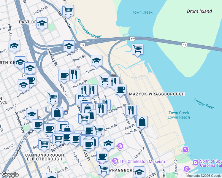 map of restaurants, bars, coffee shops, grocery stores, and more near 33 Cooper Street in Charleston