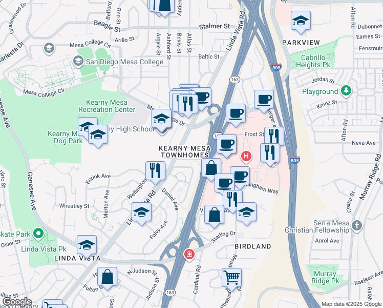 map of restaurants, bars, coffee shops, grocery stores, and more near 7613 Family Circle in San Diego