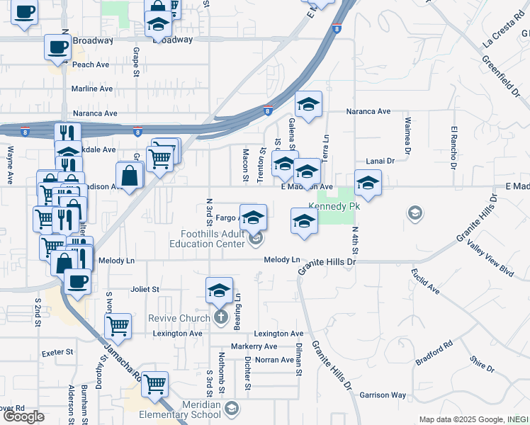 map of restaurants, bars, coffee shops, grocery stores, and more near 1578 Fargo Avenue in El Cajon