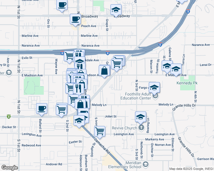 map of restaurants, bars, coffee shops, grocery stores, and more near 1385 Main in El Cajon