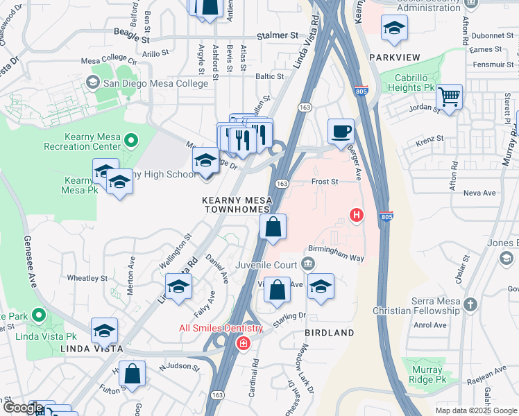 map of restaurants, bars, coffee shops, grocery stores, and more near 7675 Family Circle in San Diego