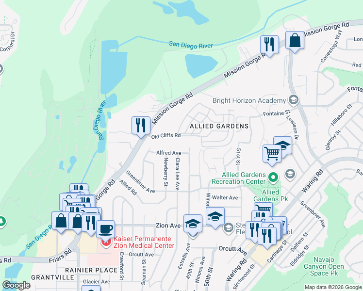map of restaurants, bars, coffee shops, grocery stores, and more near 4865 Old Cliffs Road in San Diego